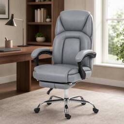 STILVORA Grey Faux Leather Reclining Office Chair with Footrest - thumbnail 1