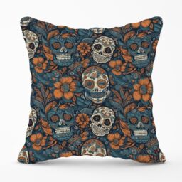 Warren Reed - Designer Dia De Los Muertos Skulls Pattern Outdoor Cushion in Blue - Size: 45 cm x 45 cm - thumbnail 1