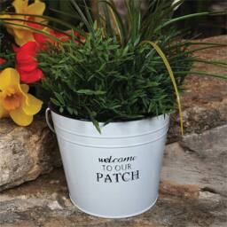 "St Helens Vintage Metal ""Welcome to Our Patch Pale Planter With Handle White" - thumbnail 2