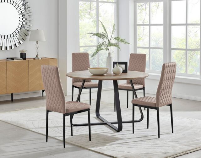 FurnitureboxUK Santorini Brown Round Dining Table & 4 Milan Black Leg Chairs in Beige - image 1