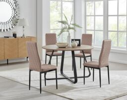 FurnitureboxUK Santorini Brown Round Dining Table & 4 Milan Black Leg Chairs in Beige