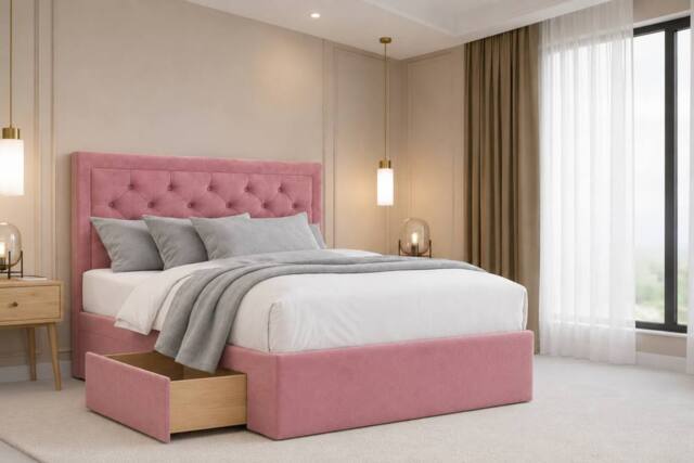"Chester & Oakley Valencia Plush Divan Bed Base 2 Drawers Foot-End - 26"" Headboard in Pink - Size: Super King" - image 1