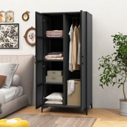 Costway PE Rattan Wardrobe 157 cm Wicker Armoire Closet w/ Hanging Rod in Black - thumbnail 4