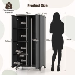 Costway PE Rattan Wardrobe 157 cm Wicker Armoire Closet w/ Hanging Rod in Black - thumbnail 3