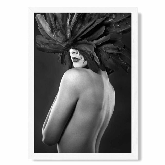 ARTZE Woman with Feathers Mask Fashion Black & White Photo Framed Print SIZE: A3 with White Frame - Size: A4 - image 1