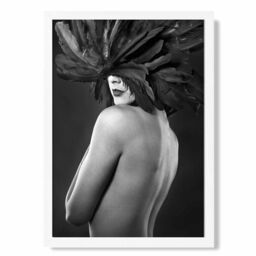 ARTZE Woman with Feathers Mask Fashion Black & White Photo Framed Print SIZE: A3 with White Frame - Size: A4 - thumbnail 1