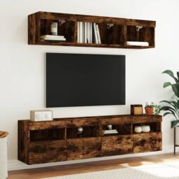 Berkfield Home TV Wall Cabinet with LED Lights Smoked Oak 80x30x40 cm in Brown - Size: 80 x 30 x 40 cm - thumbnail 6