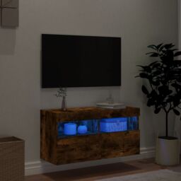 Berkfield Home TV Wall Cabinet with LED Lights Smoked Oak 80x30x40 cm in Brown - Size: 80 x 30 x 40 cm - thumbnail 4