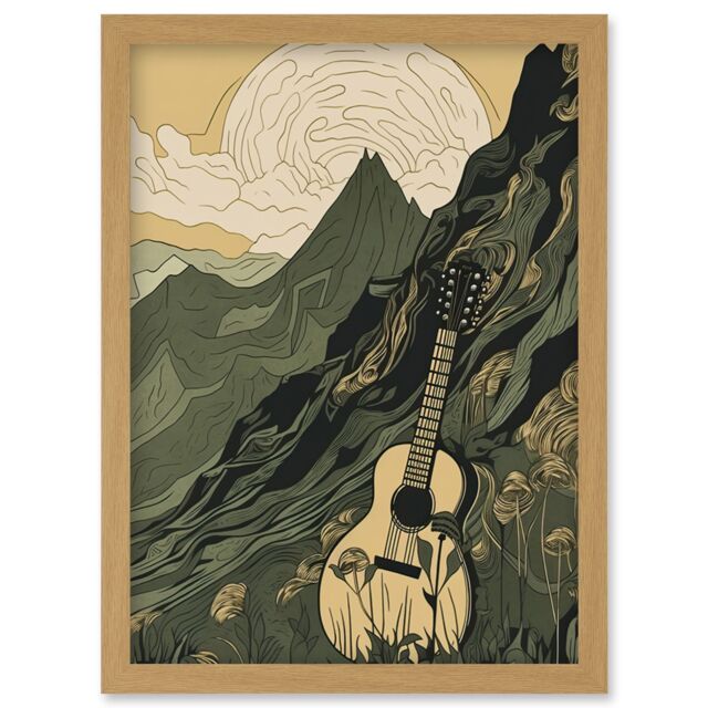 Artery8 Guitar on Mountain Landscape Morning at Campsite Artwork Framed Wall Art Print A4 in Light Oak - image 1