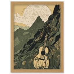 Artery8 Guitar on Mountain Landscape Morning at Campsite Artwork Framed Wall Art Print A4 in Light Oak - thumbnail 1
