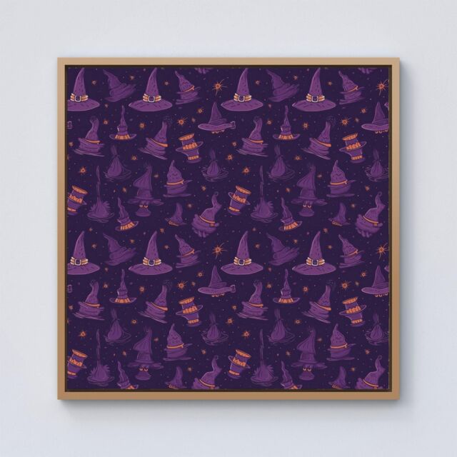 Warren Reed - Designer Witch Hats & Broomsticks Framed Canvas in Light Brown - Size: w40 inch x h40 inch - image 1