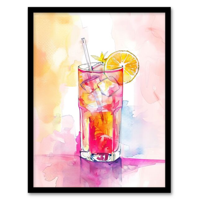 "Artery8 Rum Punch Cocktail Pink Orange Watercolour Framed Art Print - Size: W12"" x H16""" - image 1