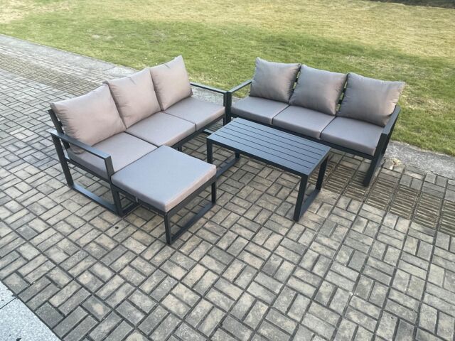 Fimous Aluminium 4 Pieces Outdoor Garden Furniture Lounge Sofa Set with Oblong Coffee Table Big Footstool Dark Grey - image 1