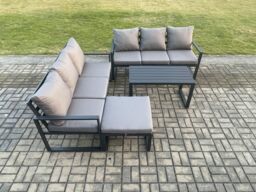 Fimous Aluminium 4 Pieces Outdoor Garden Furniture Lounge Sofa Set with Oblong Coffee Table Big Footstool Dark Grey - thumbnail 2