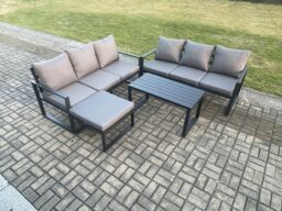 Fimous Aluminium 4 Pieces Outdoor Garden Furniture Lounge Sofa Set with Oblong Coffee Table Big Footstool Dark Grey - thumbnail 1