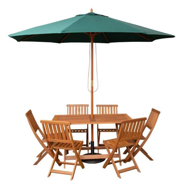 Samuel Alexander 6 Person Folding Wooden Garden Dining Table Chairs Parasol & Base in Brown - image 1