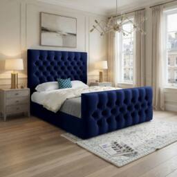 Casani Poulton Upholstered Blue Soft Velvet Designer Bed Frame - Size: Double - thumbnail 1