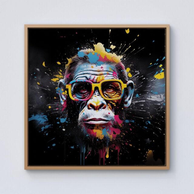 Warren Reed - Designer Coloured Splashart Monkey Face with Glasses Framed Canvas in Light Brown - Size: w40 inch x h40 inch - image 1