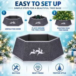 Shatchi 26.8 Inch Hexagonal Fabric Christmas Tree Collar in Grey, Foldable Tree Stand Cover in Silver - thumbnail 6