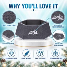 Shatchi 26.8 Inch Hexagonal Fabric Christmas Tree Collar in Grey, Foldable Tree Stand Cover in Silver - thumbnail 5
