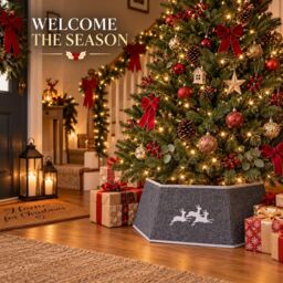 Shatchi 26.8 Inch Hexagonal Fabric Christmas Tree Collar in Grey, Foldable Tree Stand Cover in Silver - thumbnail 8