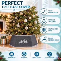Shatchi 26.8 Inch Hexagonal Fabric Christmas Tree Collar in Grey, Foldable Tree Stand Cover in Silver - thumbnail 7
