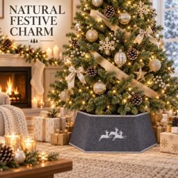 Shatchi 26.8 Inch Hexagonal Fabric Christmas Tree Collar in Grey, Foldable Tree Stand Cover in Silver - thumbnail 2