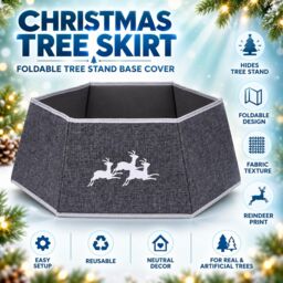 Shatchi 26.8 Inch Hexagonal Fabric Christmas Tree Collar in Grey, Foldable Tree Stand Cover in Silver - thumbnail 4