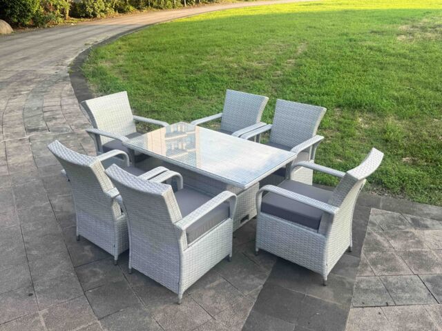 Fimous Rattan Outdoor Garden furniture Set Rising Table & 6 Chairs Set in Light Grey