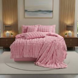 Snug City Rabbit Faux Fur Teddy Duvet Cover Set Ultra Soft Plush Bedding in Pink - Size: Double - thumbnail 1
