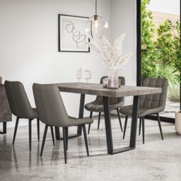 More4Homes Aria Dining Table & Chairs - Concrete Effect Table Top w Black Legs + Nova Faux Leather Dining Chair Set Of 4 in Grey