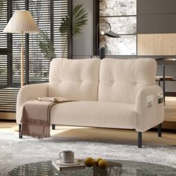 HomeTouch Modern 2-Seater Double Sofa with Side Pockets & Armrests Upholstered Loveseat in Beige - thumbnail 2