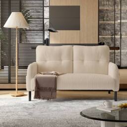 HomeTouch Modern 2-Seater Double Sofa with Side Pockets & Armrests Upholstered Loveseat in Beige