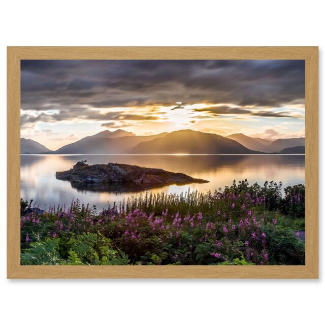 Artery8 Trienke Sunset Loch Linnhe Highland Scotland Photo Artwork Framed Wall Art Print A4 in Light Oak - image 1