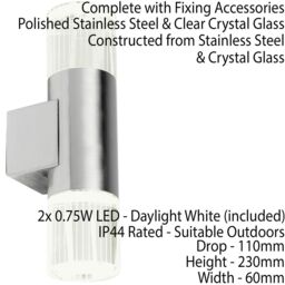 Loops IP44 Accent Outdoor LED Light Steel Double Glass Up Down Wall Lamp Porch Garden in Metallics - thumbnail 2