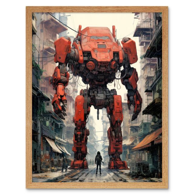 Artery8 Wall Art Print Red Mecha Robot in City Street Anime Sci-Fi Artwork Giant Humanoid Machine Fantasy Science Fiction Art Framed - image 1
