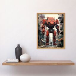 Artery8 Wall Art Print Red Mecha Robot in City Street Anime Sci-Fi Artwork Giant Humanoid Machine Fantasy Science Fiction Art Framed - thumbnail 2