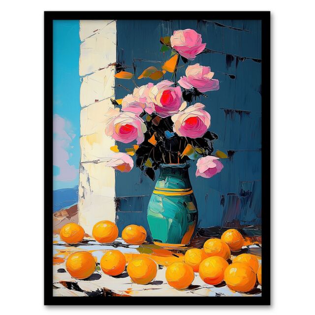"Artery8 Rose Flower Bouquet Vase & Oranges Still Life Framed Art Print in Pink - Size: W12"" x H16""" - image 1