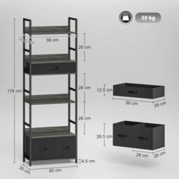 HOMCOM Industrial Bookshelf with 4 Shelves & 3 Fabric Drawers Grey - thumbnail 3