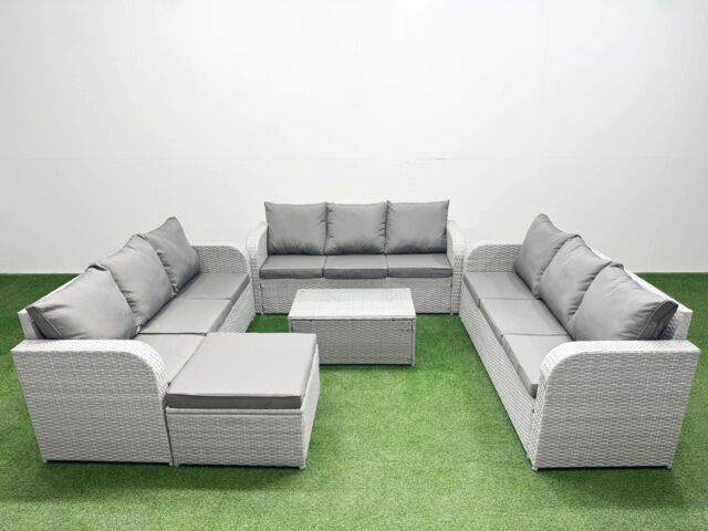 Fimous PE Rattan Lounge Sofa Set 10 Seater Outdoor Garden Furniture Set with Rectangular Coffee Table 3 Seater Sofa Big Footstool Light Grey - image 1