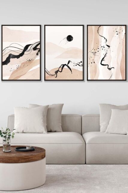 ARTZE Set of 3 Black Framed Beige Black Abstract Mountain Contours Wall Art - Size: W33 cm x H45 cm x D20mm - image 1