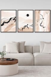 ARTZE Set of 3 Black Framed Beige Black Abstract Mountain Contours Wall Art - Size: W33 cm x H45 cm x D20mm - thumbnail 1