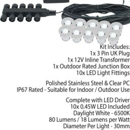 Loops IP67 Decking Plinth Light Kit 10x 0.45W Daylight White Round Lamps Outdoor Rated - thumbnail 2