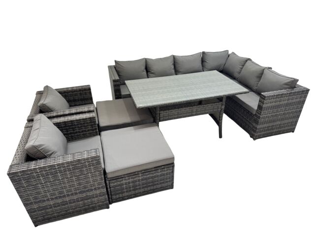 Fimous 10 Seater Patio Dining Corner Sofa Sets with 2 Chairs 2 Big Stools in Dark Grey - image 1