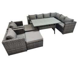 Fimous 10 Seater Patio Dining Corner Sofa Sets with 2 Chairs 2 Big Stools in Dark Grey - thumbnail 1