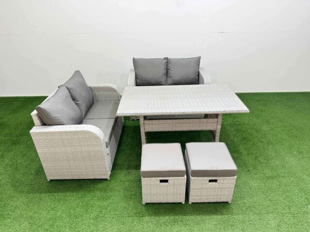 Fimous 6 Seater Outdoor Love Sofa Set Rattan Garden Furniture Set with Rectangular Dining Table 2 Small Stools Light Grey - image 1