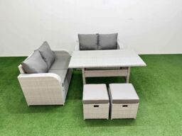 Fimous 6 Seater Outdoor Love Sofa Set Rattan Garden Furniture Set with Rectangular Dining Table 2 Small Stools Light Grey - thumbnail 2