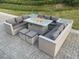 Fimous Light Grey U Shape Lounge Sofa Dining Set With Gas Fire Pit Dining Table Garden Furniture Set Heater Burner - thumbnail 1