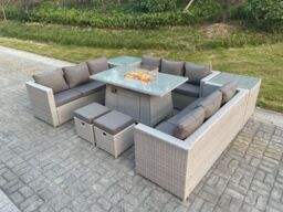 Fimous Light Grey U Shape Lounge Sofa Dining Set With Gas Fire Pit Dining Table Garden Furniture Set Heater Burner - thumbnail 4