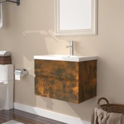Berkfield Home Sink Cabinet with Built-in Basin Smoked Oak Engineered Wood in Brown - thumbnail 1